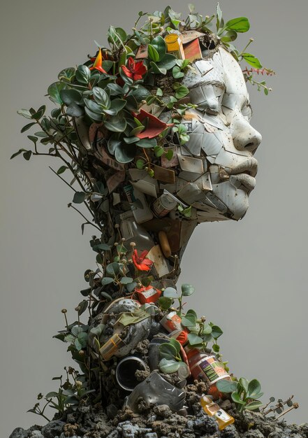 Escultura da Mãe Terra bela jovem feita de rocha com plantas e flores conceito de ambiente