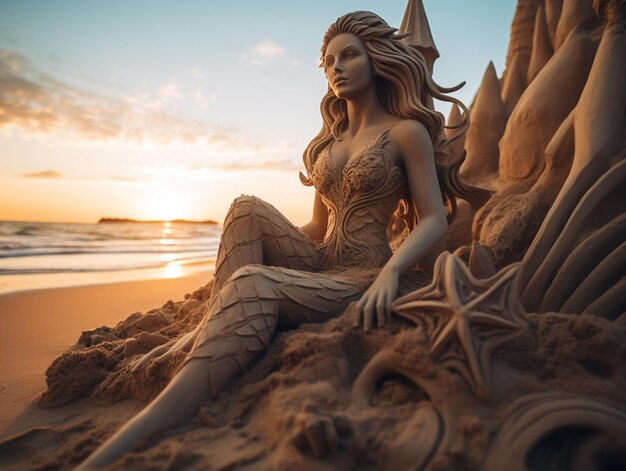 escultura de arafe de uma sereia sentada em uma praia ao pôr do sol
