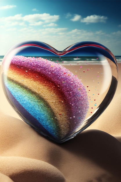 Escultura de areia em forma de coração sentada em cima de uma praia de areia generativa ai