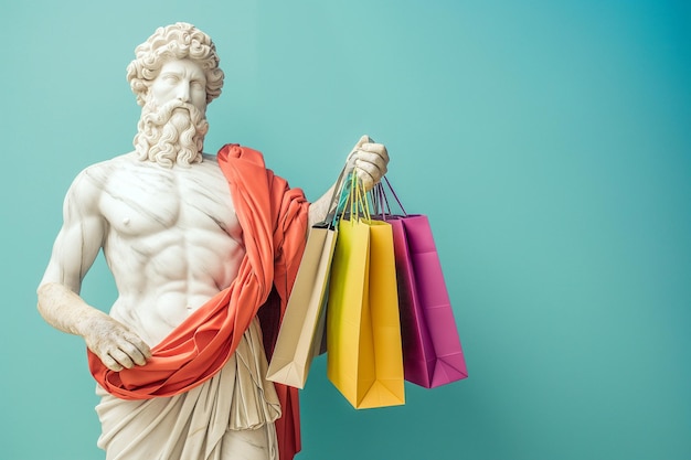 Foto escultura de deus grego antigo carregando sacos de compras venda e desconto conceito black friday venda promoção publicidade de marketing excesso de consumo moda rápida cultura de consumo viciado em compras