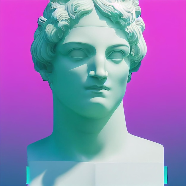 Escultura de deus grego na cidade retrowave pop design estilo vaporwave cores renderização em 3d