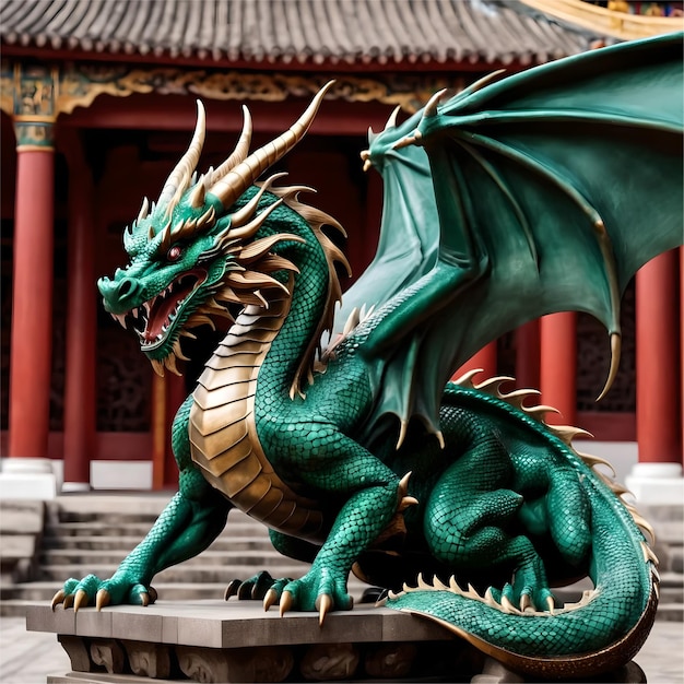 escultura de dragão em frente ao templo chinês