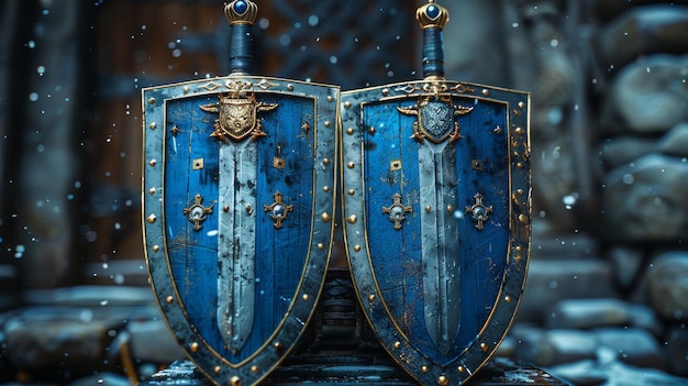 Escultura de espadas rúnicas segurando escudos reais azuis brasões heráldicos