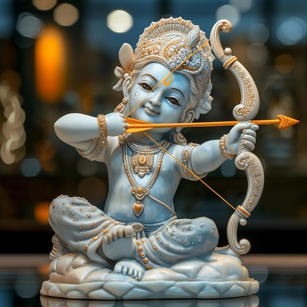 Foto escultura de lindo krishna com arco e flecha em fundo borrado