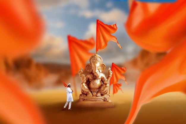 Escultura de lord ganesha dourada com bandeira laranja