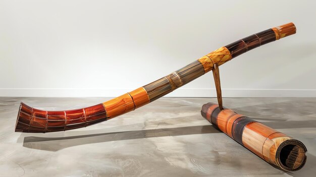 Foto escultura de madeira abstrata parecida com um grande didgeridoo deitada no chão