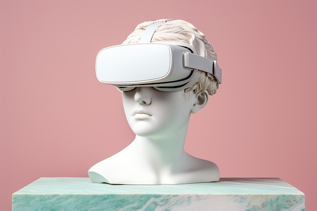 Escultura de mármore antiga feminina com estátua de fone de ouvido VR usando óculos de realidade virtual em fundo pastel Busto com óculos VR Mundo metaverso explorando conceito de jogos VR imagem gerada por IA