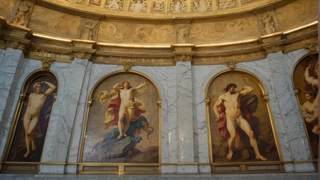 Escultura de mármore de estilo barroco de uma figura nua com um querubim em moldura dourada