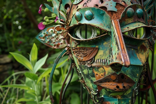 Foto escultura de metal reciclado com rosto decorativo caprichoso em um cenário de jardim