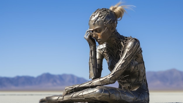 Foto escultura de metal refletindo sobre ser a arte da mulher morta em burning man