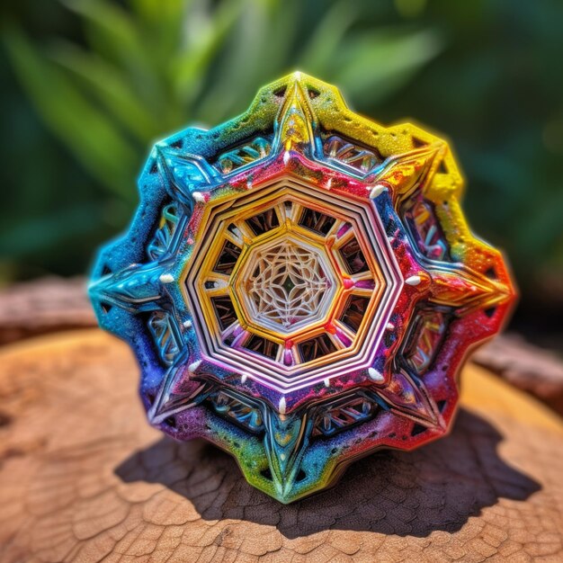 Escultura de papel brilhantemente colorida de uma flor em uma superfície de madeira generativa ai