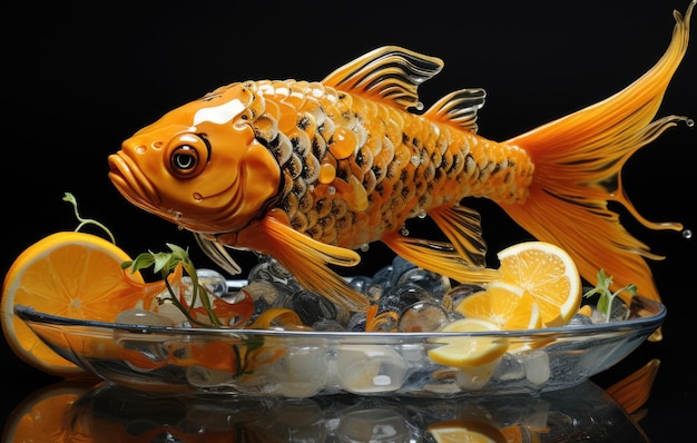 Escultura de peixe dourado no gelo com laranjas ai