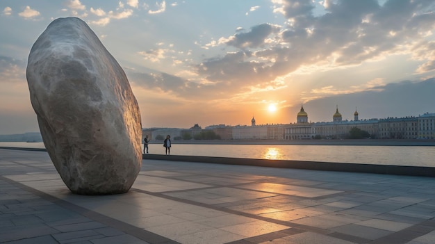 Escultura de rocha gigante em um calçadão à beira do rio ao pôr-do-sol com o horizonte da cidade ao fundo