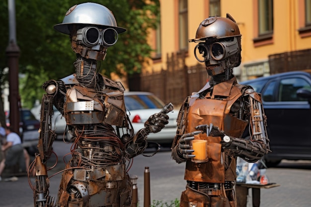 Escultura de rua retrata casal antropomórfico com armas em São Petersburgo