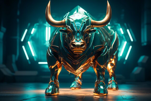 Escultura de touro dourado como símbolo representando as tendências do mercado financeiro mercado de criptomoedas