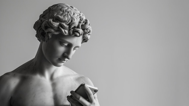 Escultura de um deus grego antigo segurando um smartphone Estátua de um herói rolando mídia social Doomscrolling saúde mental bem-estar digital conceito de perda de tempo Maus hábitos de leitura de notícias