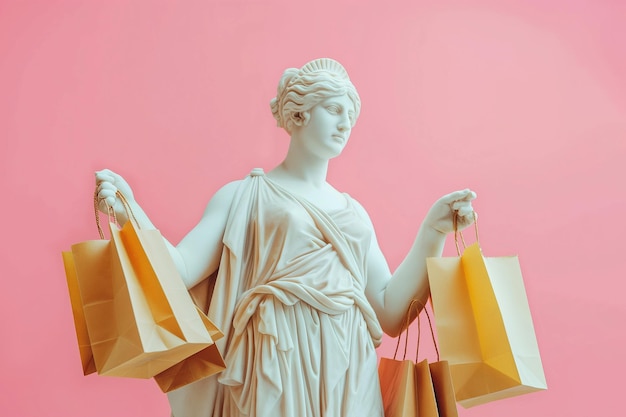 Foto escultura de uma deusa grega antiga carregando sacos de compras conceito de vendas e descontos sexta-feira negra promoção de vendas anúncio de marketing excesso de consumo cultura de consumo de moda rápida shopaholic