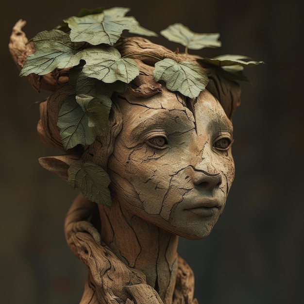 Escultura de uma mulher com coroa de folhas