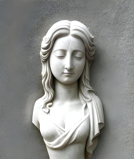 Escultura de uma mulher com os olhos fechados em um fundo cinzento