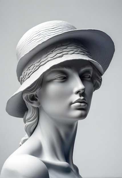Escultura de uma mulher com um chapéu em um fundo cinzento
