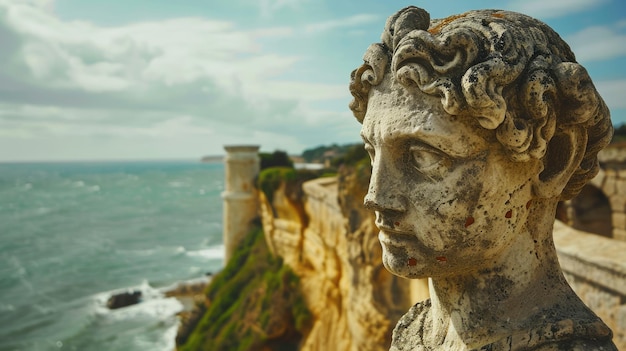 Foto escultura de uma mulher olhando para o oceano em uma paisagem natural aig