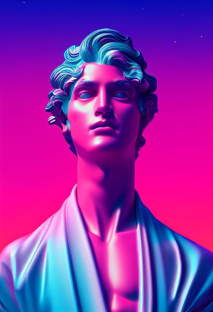 Escultura de dios griego abstracto en retrowave ciudad pop diseño vaporwave estilo colores 3d renderizado