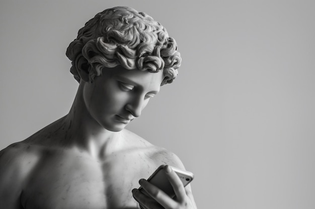 Escultura de un dios griego antiguo sosteniendo un teléfono inteligente Estatua de un héroe desplazándose por las redes sociales desplazándose por la condenación salud mental bienestar digital concepto de pérdida de tiempo Malos hábitos de lectura de noticias