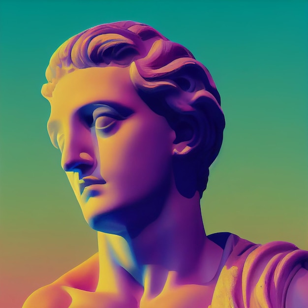 Escultura de dios griego en retrowave ciudad pop diseño vaporwave estilo colores 3d renderizado