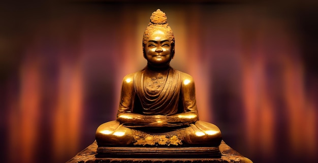 Escultura dourada de Buda sentado. Budismo tibetano, lamaísmo, budismo vajrayana, budismo tântrico.
