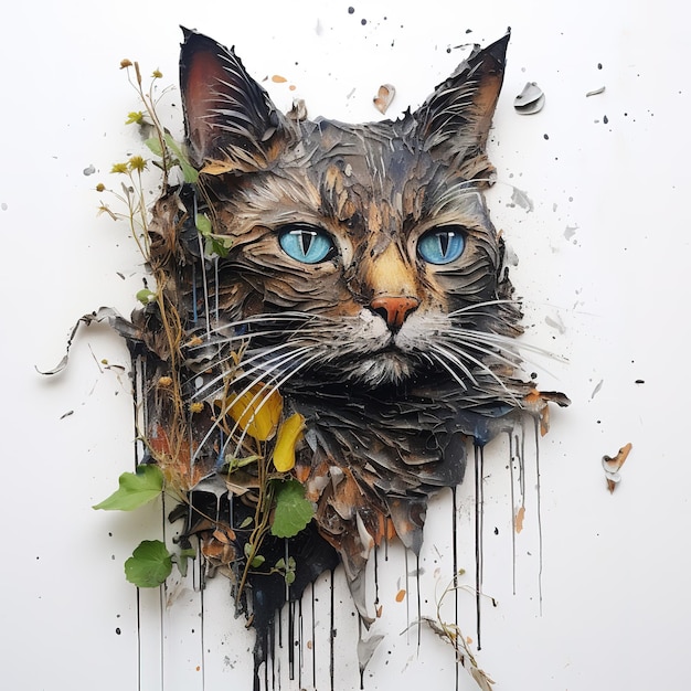 Escultura e pintura de arte de rua de cabeça de gato cheia de cores coloridas e coberta de folhas e grama na velha parede Animais de estimação Ilustração Generative AI