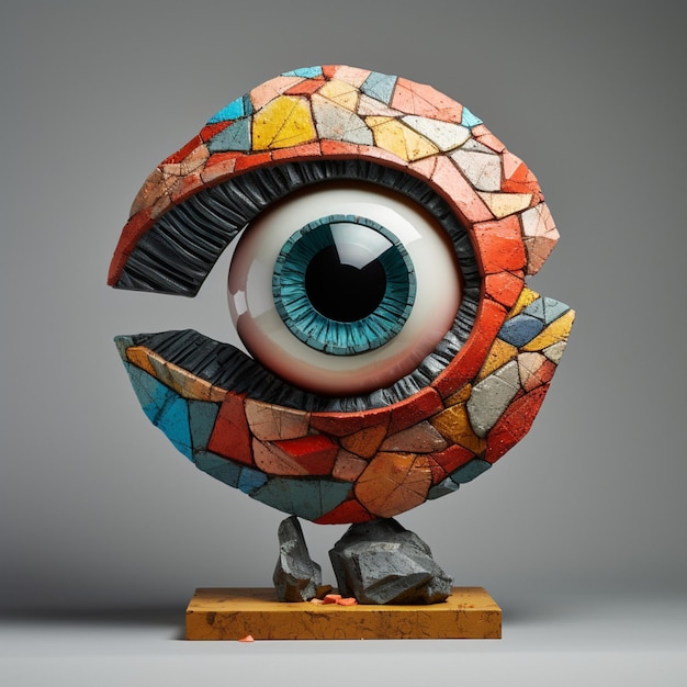 Escultura em forma de olho com estilo brutalista multicolor estilo 3d