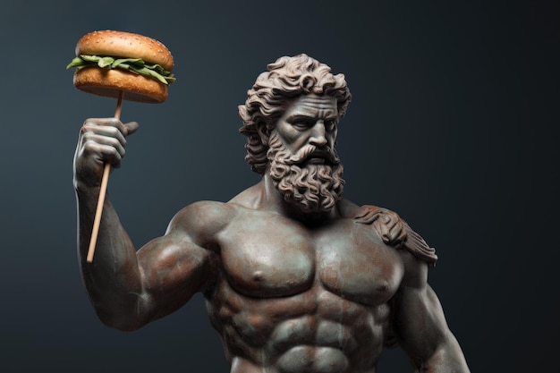 Escultura escura de poseidão com um grande hambúrguer na mão