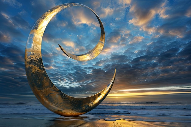 Escultura en espiral dorada en una playa al atardecer