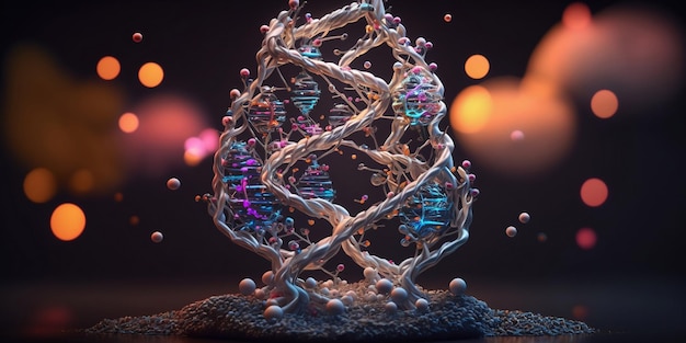 Una escultura de estructura de ADN sobre un fondo oscuro AI generado