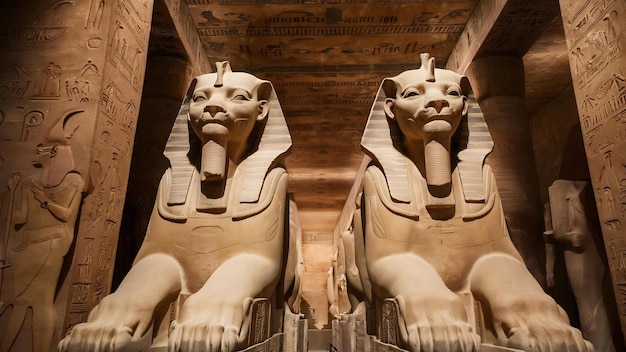Foto escultura del faraón con el cuerpo de un león dentro del templo de karnak