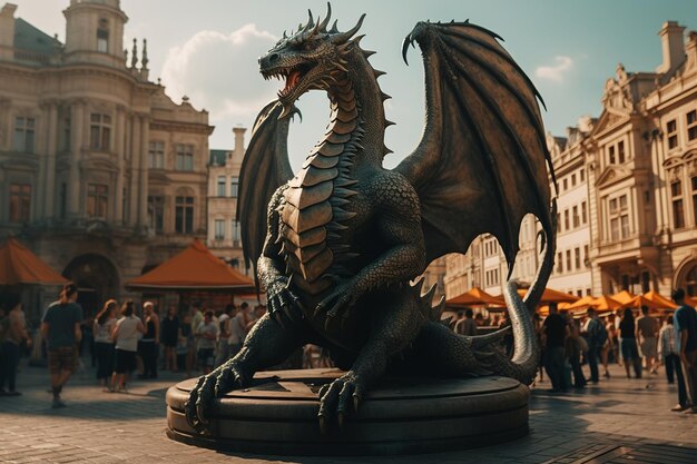 Escultura en forma de dragón de pie en la plaza pública