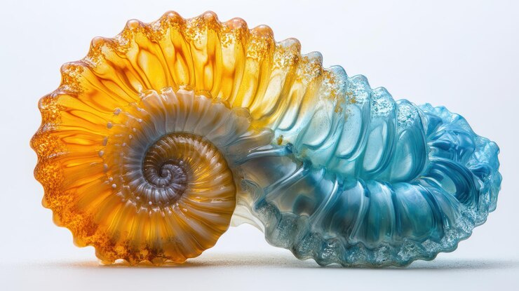 Foto escultura fósil de amonita de vidrio ámbar y azul azulado