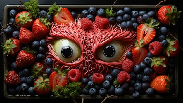 Foto una escultura de frutas y verduras con ojos y nariz