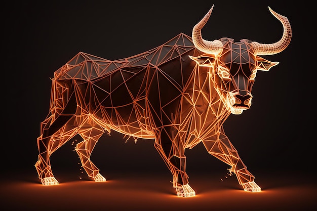 Escultura de fuego de un toro alcista en el mercado de valores y moneda criptográfica generativa Ai
