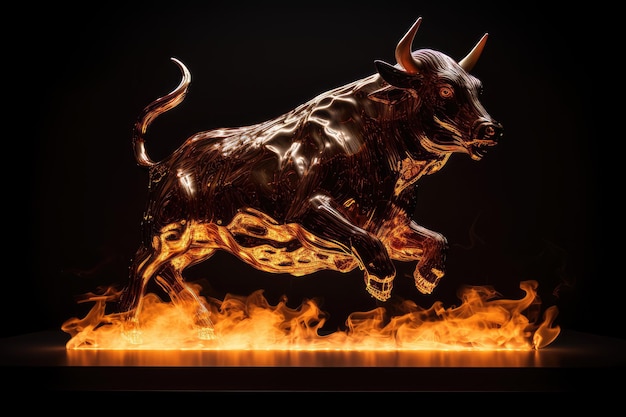 Escultura de fuego de un toro de negocios.