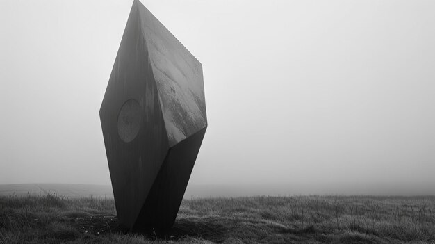 Una escultura geométrica monocromática de pie contra un paisaje brumoso que encarna la tranquilidad