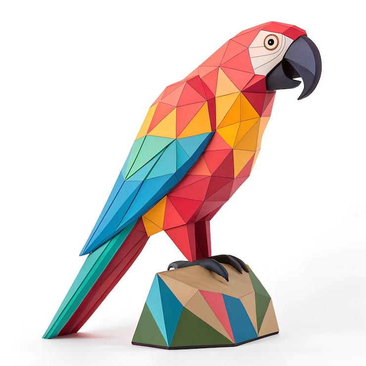 Foto escultura geométrica de papel de guacamayo