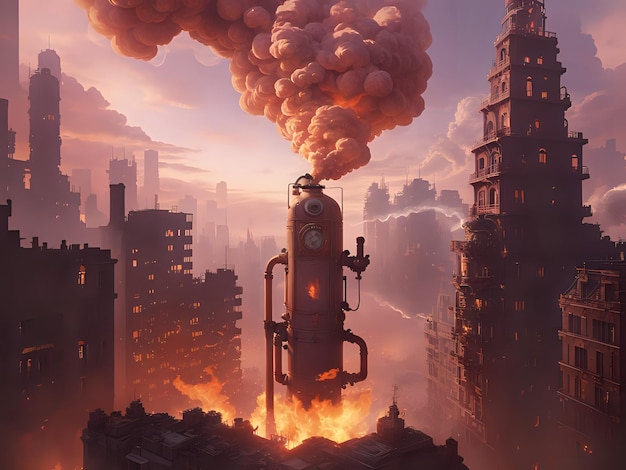 Una escultura gigante de un extintor de fuego steampunk rodeado de edificios modernos y elegantes explosión de fuego masiva