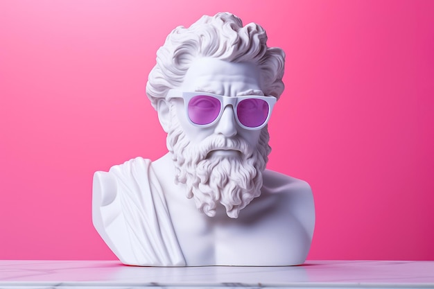 Escultura grega antiga usando óculos de sol cor-de-rosa Escultura de busto em óculos Composição minimalista Arte moderna Festas de férias e conceito romântico
