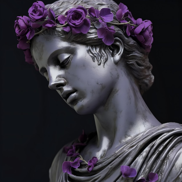 Escultura griega etérea de Lana del Rey en plata con rosas moradas en medio de columnas en ruinas