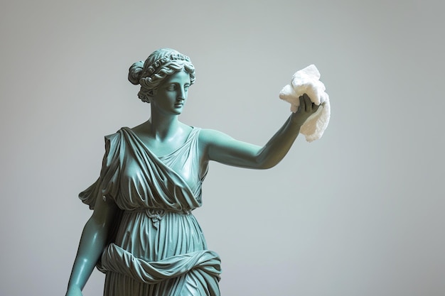 Foto escultura griega de una mujer limpiando la casa con guantes de goma y sosteniendo un paño de limpieza estandarte del servicio de limpiaje limpieza de primavera limpieza de la casa limpieza agencia concepto minimalista creativo