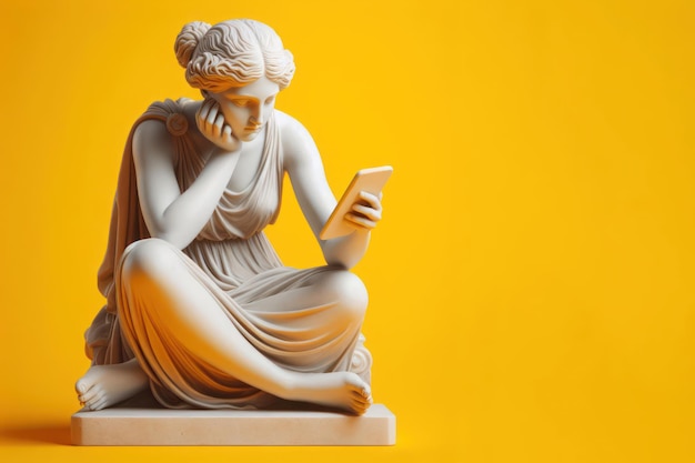 Escultura griega de una mujer pensativa sentada con un teléfono inteligente aislada sobre un fondo amarillo