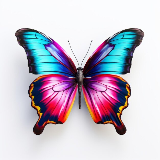 Escultura hiperrealista de mariposas coloridas sobre un fondo blanco