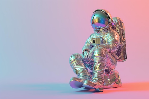 Escultura holográfica de cromo del astronauta sentado en un entorno espacial vívido IA generativa