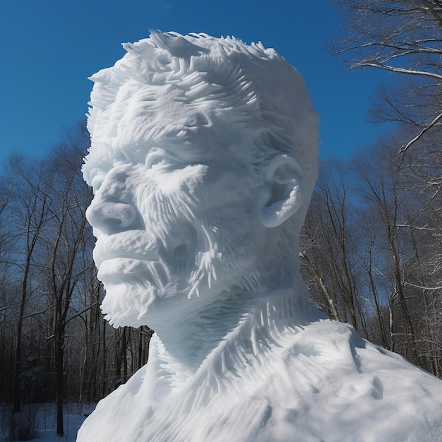 Escultura de un hombre hecha de hielo y nieve en primer plano contra un cielo azul hermoso fondo de invierno